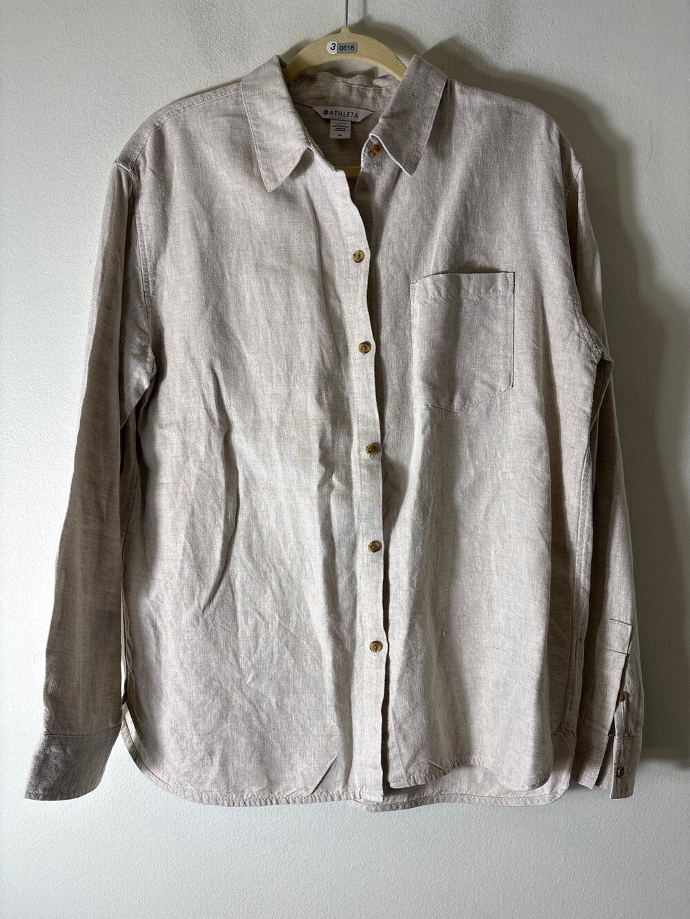 Athleta Wheat Linen Button Up Long Sleeve Shirt Sz M